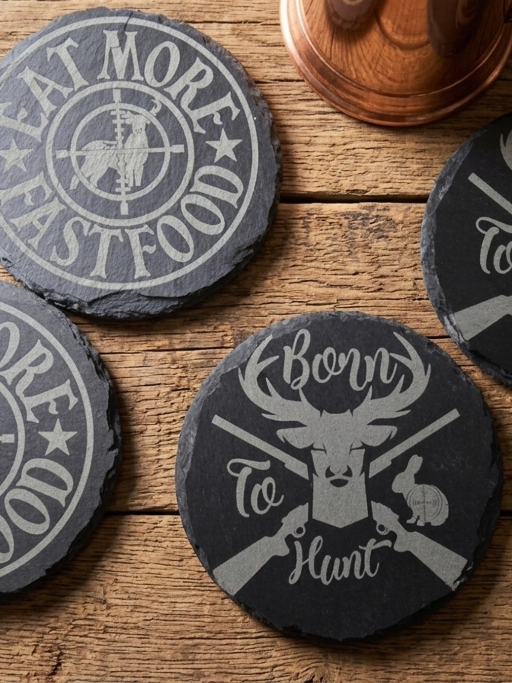 Slate Coaster Set of 4 with Engraved Hunting and Fast Food Designs